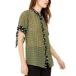 Top Casual da Donna Michael Kors in Popeline Verde e Seta a Quadri con Collo Gioiello e Maniche Lunghe, Taglia X-Large con Logo Ricamato - Product Image 1