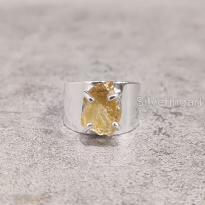 Bijoux en pierre brute Bague pour femme Citrine large naturelle Pierre précieuse brute Novembre Pierre de naissance Bijoux de Noël Bague en argent sterling 925 - Product Image 1