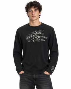 Custom <b>Mens</b> Black Waffle <b>Thermal</b> Long Sleeve <b>Shirt</b> Script Graphic Print Streetwear Tops Wholesale Clothing Manufacturer Supplier - Product Image 4