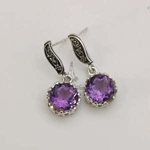 925 Sterling <b>Silver</b> <b>Dangle</b> <b>Earrings</b> with Natural Amethyst Gemstone Handmade Classic Style Jewelry for February Birthstone - Product Image 2