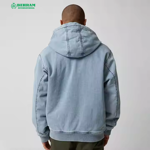 Sweat-shirts à capuche zippés épais d'hiver, coupe classique, couleur unie, en denim vintage délavé, 100% coton, séchage rapide - Product Image 6