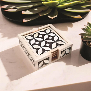 Ensemble de 4 sous-verres en bois modernes avec incrustation d'os pour le thé et le café avec logo personnalisé de haute qualité de l'Inde - Product Image 3