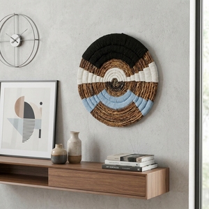 Panier mural en macramé en écorce de bananier naturelle, plateau rond géométrique arc-en-ciel bleu noir blanc, décoration artistique pure pour la mise en scène de la pièce, artisanat - Product Image 4