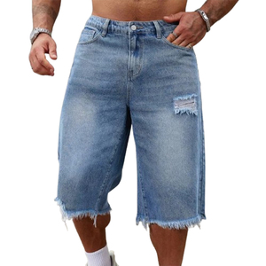 Short de fitness en jean 100% coton bleu déchiré jean jeunesse tendance décontracté style chino pour hommes - Product Image 1