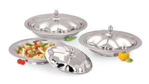 Ensemble de bols de service en acier inoxydable classique avec couvercle en dôme, écologique pour la restauration et les buffets - Product Image 2
