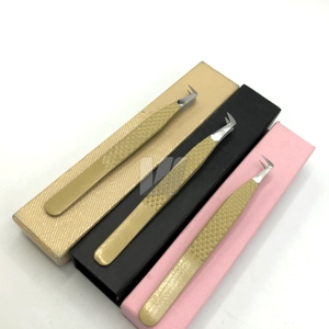 Pince à épiler d'extension de cils japonaise en acier inoxydable à 90 degrés personnalisée Diamond Grip Pointed Fiber Volume Tip Sustainable Golden - Product Image 1