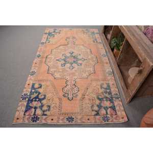 Alfombra de lana azul naranja Oriental 4,1X7,5 pies Vintage turco Patchwork tejido plano para decoración para sala de estar con respaldo de látex - Product Image 1