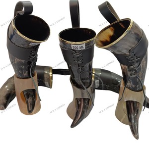 High Quality 500ml Buffalo Horn Viking <b>Mug</b> with Leather <b>Holder</b> and Stand Polished Natural Finish Best Bulk Prices - Product Image 1