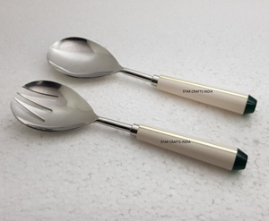 White Resin with Brass Inlay Handle Stainless Steel with Silver Finished Mixing & Cooking Salad Flat Server or <b>Serving</b> <b>Spoons</b> - Product Image 3