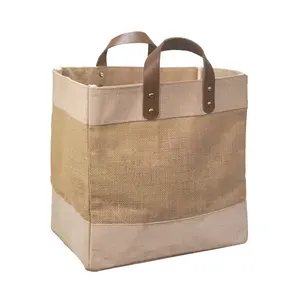 High Quality Shopping Bag Water Resistant Inner Lining Reusable Jute Tote Shopping Bags with Leather Strap Handles