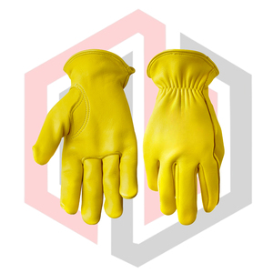 Yellow Cowhide <b>Leather</b> Driver Gloves Adjustable <b>Strips</b> Silicone-free Powder-free Breathable Winter Warm Lining for Outdoor Work - Product Image 5