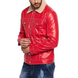 Elegante chaqueta de cuero rojo para hombre con cierre a presión de cuello de piel de oveja, perfecta para ropa de calle y salidas de invierno - Product Image 1