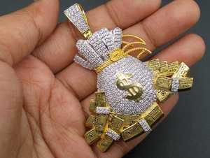 14KT Gold Lab Grown Miami Iced Out Dollar Money Bag Design Pendentif Hommes Collier Hip Hop Chaîne Lien Rappeur Pendentif Bijoux - Product Image 2