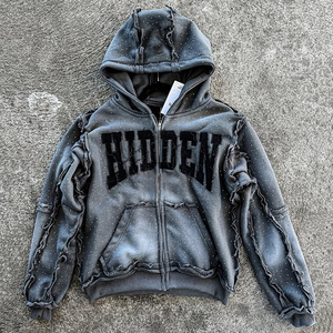 Custom 2025 Streetwear Heavy Weight Rhinestone <b>Hoodie</b> Stitch Patch Distressed Embroidery <b>Vintage</b> Washed <b>Zip</b> <b>up</b> <b>Hoodie</b> - Product Image 3