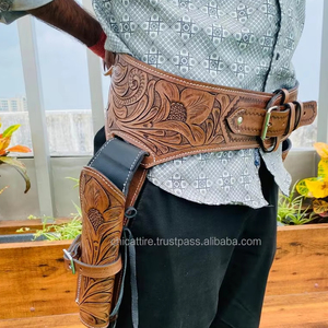 ซองปืนหนังแท้สไตล์คาวบอยตะวันตก งานแฮนด์เมด ตกแต่งลาย  แบบเปิดนิ้วเท้า  สายรัดคู่ ปรับได้  ขายดี - Product Image 4