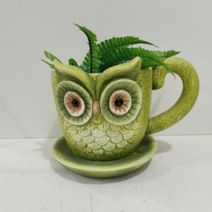 Vaso per Piante in Ceramica Fatto a Mano Design Gufo Verde Decorativo con Sottovaso per Succulente Regalo per Casa e Giardino - Product Image 4