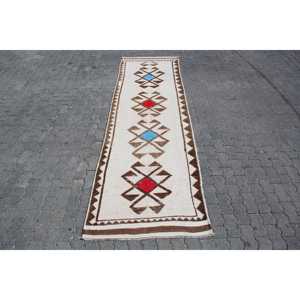 Vintage Turkish <b>Rug</b>, 3.3x11.1 ft <b>Runner</b> <b>Rug</b>, White Herki Floral <b>Rug</b> - Product Image 1