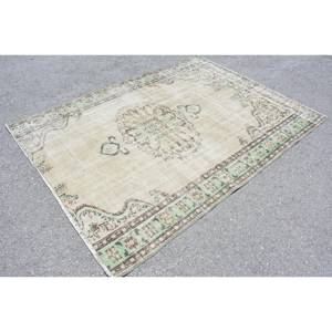 Tapis Vintage en Laine Turque de 6X8 pieds, Motif Patchwork Beige et Vert, Technique de Tissage Plat pour Décoration de Salon, Largeur de 4m - Product Image 2