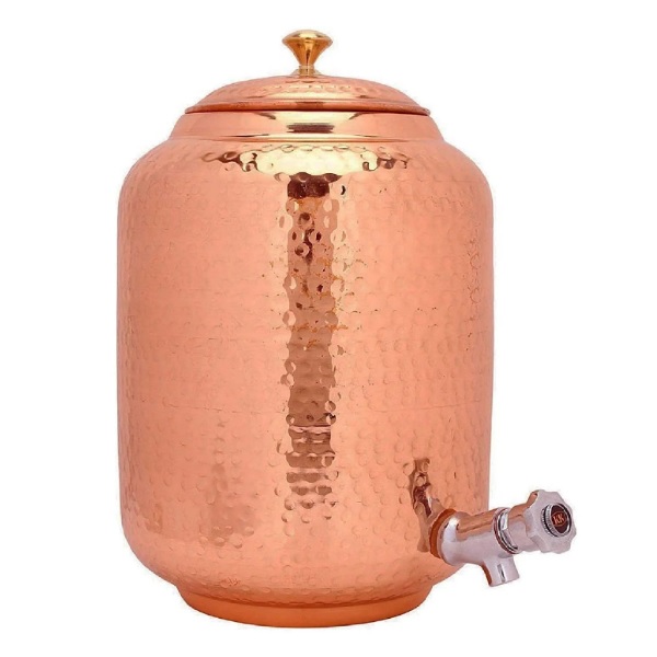 Hammered Finished Copper Water Dispenser With Lid Brass Knob & Stainless Steel Tap for Home Kitchen Use