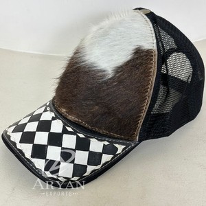 Casquette de camionneur en cuir de vache, bord à carreaux noir et blanc, dos en maille, style western, snapback unisexe, casquette de baseball réglable - Product Image 1