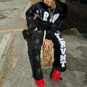 Custom Zip up Sweatsuit Acid Wash <b>Applique</b> <b>Patch</b> Embroidery Distresses Hoodie Jogging Tracksuit Flared Sweatpants and Hoodie Set - Product Image 3