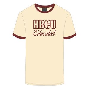 HBCU Educated Men Chenille Contrast <b>Trim</b> Ringer T Shirt Neutral with Maroon Embroidered Letters Soft Cotton Collegiate Apparel - Product Image 2