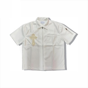 NOUVEAU Chemises en tissu de cuir de haute qualité pour hommes, broderie en détresse, logo personnalisé, chemises à manches courtes avec fermeture éclair pour hommes - Product Image 4