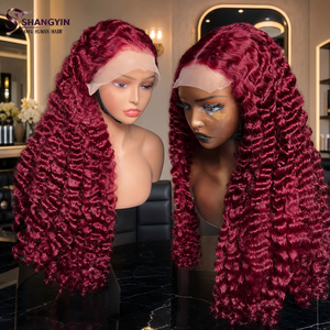 Parrucca all'ingrosso con frontale in pizzo HD grezzo, colore personalizzato 99J Rosso, <span class=keywords><strong>capelli</strong></span> umani <span class=keywords><strong>ricci</strong></span> vergini vietnamiti al 100% con cuticole allineate per donne nere - Product Image 1