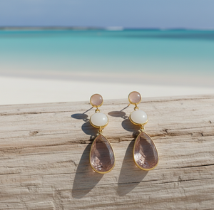 ต่างหูห้อยประดับพลอยสีชมพูชุบทอง 18K เงินแท้ 925 รูปทรงกลมและทรงหยดน้ำ ของขวัญสำหรับเธอ - Product Image 4