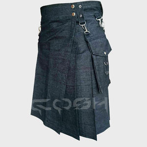 Kilt utilitario de mezclilla negra duradera para hombre con bolsillos, ropa de trabajo moderna y ropa de calle, fabricante de Kilts de moda - Product Image 3