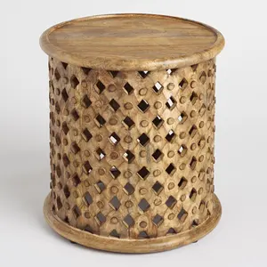 Modern Design Round Lattice Carved Wood Accent Table, Mango Wood Side Table, Wood Coffee Table Natural Color