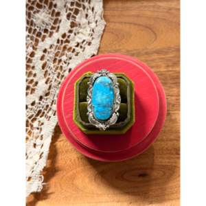 Emerson Degarito Handmade Kingman Turquoise Sterling <b>Silver</b> <b>Ring</b> <b>Emerald</b> Cut Diamond Bezel Setting Size 11.75 for Everyday Wear - Product Image 1
