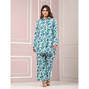 Conjunto de Dos Piezas de Algodón Estampado Verde Mar para Mujer, Talla XS, con Patrón Floral, Lazo, Botones y Plumas, Estilo Informal Holgado para Verano y Otoño - Product Image 1