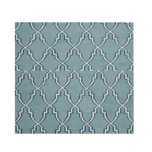 Buy Blue Modern Outdoor Rug Woolen Dhurries Made Rug with Light Blue Color Lining Design Floor Rug Low Prices
