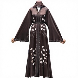 Wholesale Modest Dubai Beaded <b>Sequined</b> Long Sleeve Abaya Muslim Traditional Handmade Wedding Women Polyester Breathable V Neck - Product Image 5