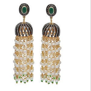Sterling Silver Pave Diamond <b>Emerald</b> Tassel <b>Earrings</b>, Pearl Beaded <b>Drops</b> <b>Earring</b> Quality <b>Emerald</b> Green Beaded Tassel <b>Earrings</b> - Product Image 1