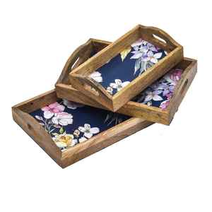 ถาดเสิร์ฟไม้ทำมือหรูหราพร้อมที่จับโค้งและพิมพ์ลาย phool สำหรับตกแต่ง - Product Image 2