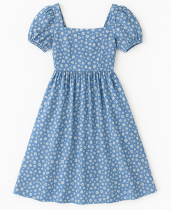 Vestido Midi Azul con Estampado Floral para Mujer, Cuello Cuadrado, Manga Abullonada, Corte en A, Informal, de Verano, de Algodón, OEM, ODM - Product Image 3