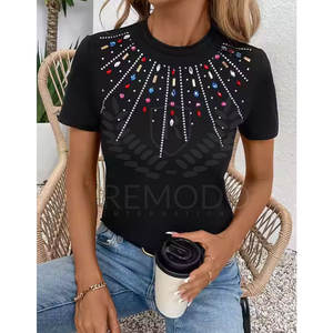 T-shirt imprimé cœur en strass pour femmes Sparkle Casual Top New Design T Shirts - Product Image 2