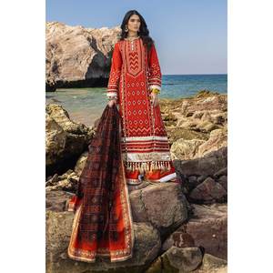 Ensemble de 3 pièces non cousues pour femmes, en tissu lawn brodé de zari, couleur rouille, élégant et stylé - Product Image 5