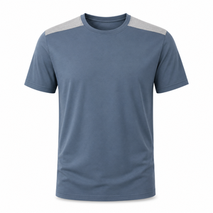 Custom Dusty Blue Cotton Crew Neck T Shirt with Grey Shoulder Panels Mens Short Sleeve Wholesale Apparel - Product Image 1
