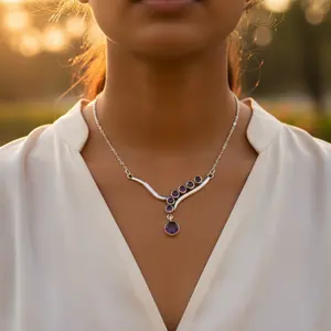 Collar de Amatista de Plata 925 y Oro de 18K para Mujer, Joyería de Piedras Preciosas de Moda con Diamante, Perla y Cuarzo para Boda o Compromiso - Product Image 1