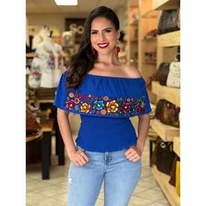 Blusa Bordada con Hombros Descubiertos para Mujer, Estilo Mexicano, Floral, Boho, Cintura Elástica, Camisa Casual de Algodón - Product Image 4