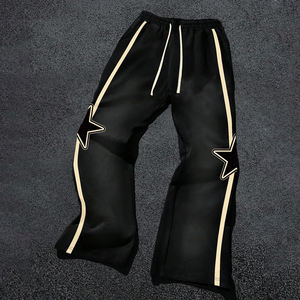 À la mode unisexe personnalisé rétro étoile Flare survêtement pantalon noir et Beige contraste rayures décontracté 100% coton polaire pantalons de survêtement - Product Image 6