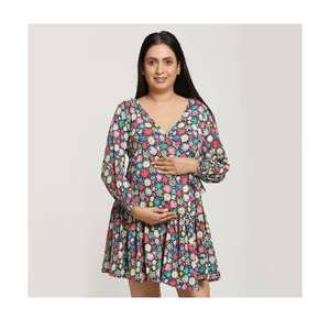 Recién llegado, vestido de maternidad estampado con estilo, cuello en V, mangas completas, vestido para sesiones de fotos informales de verano - Product Image 3