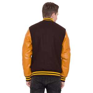 Veste de baseball Letterman Varsity College en laine enduite sur le devant marron foncé et orange pour homme - Product Image 4