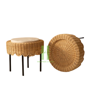 Round Scallop Rattan <b>Ottoman</b> with White Cushion Luxury Wicker <b>Stool</b> Variety of Design OEM Packing in HNH Craft Factory - Product Image 2