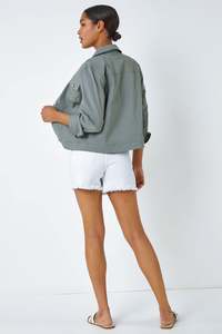 Women's Light Green Utility <b>Jacket</b> Turn-down Collar Three Quarter Sleeve Cotton Breathable Spring Short Length Button Closure - Product Image 2