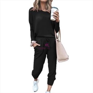 Pantalon de jogging ample en coton uni pour femme avec cordon de serrage à la taille, longueur cheville, poches latérales, tenue décontractée d'automne - Product Image 1
