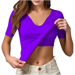 T-shirt court pour femme, col en V profond, manches courtes, couleur unie, en Spandex/Nylon, écologique, respirant, séchage rapide, anti-transpiration, coupe classique - Product Image 5